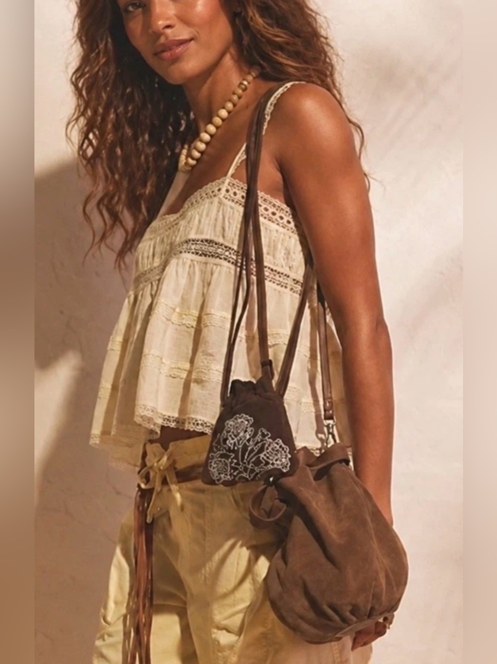 Free People Brown Suede Bucket Crossbody Bag with Adjustable and Removable Strap